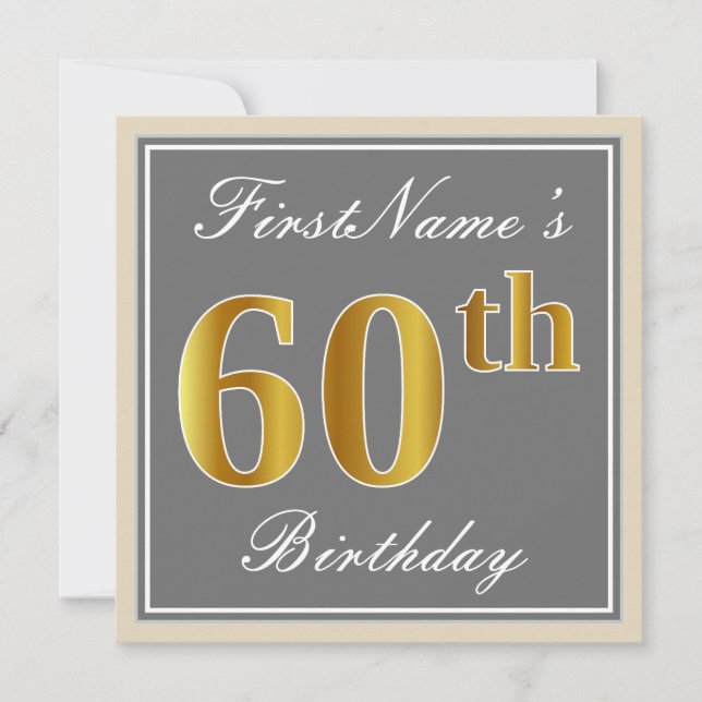 Elegant, Gray, Faux Gold 60th Birthday + Name Invitation (Front)