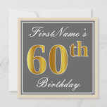 [ Thumbnail: Elegant, Gray, Faux Gold 60th Birthday + Name Invitation ]