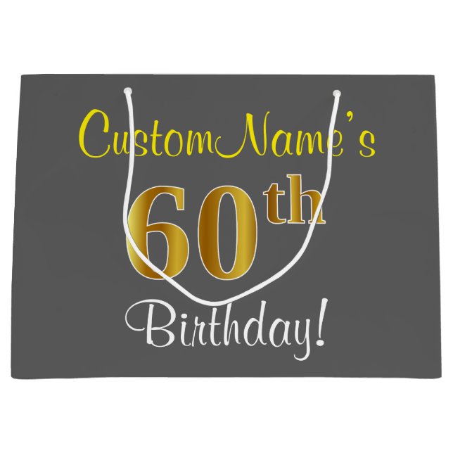 Elegant, Gray, Faux Gold 60th Birthday + Name Large Gift Bag (Front)