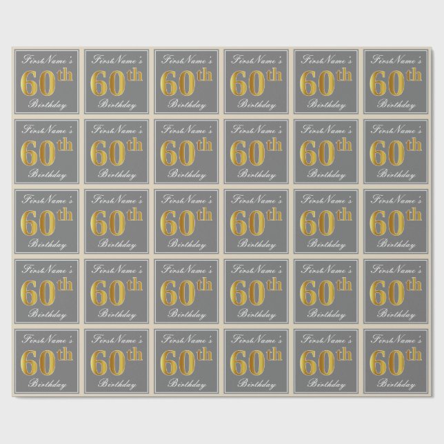 Elegant, Gray, Faux Gold 60th Birthday + Name Wrapping Paper (Flat)
