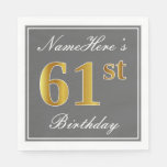 [ Thumbnail: Elegant Gray, Faux Gold 61st Birthday; Custom Name Napkins ]