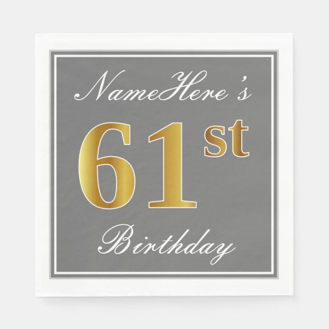 Elegant Gray, Faux Gold 61st Birthday; Custom Name Napkins (Front)