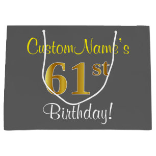 Elegant, Gray, Faux Gold 61st Birthday + Name Large Gift Bag