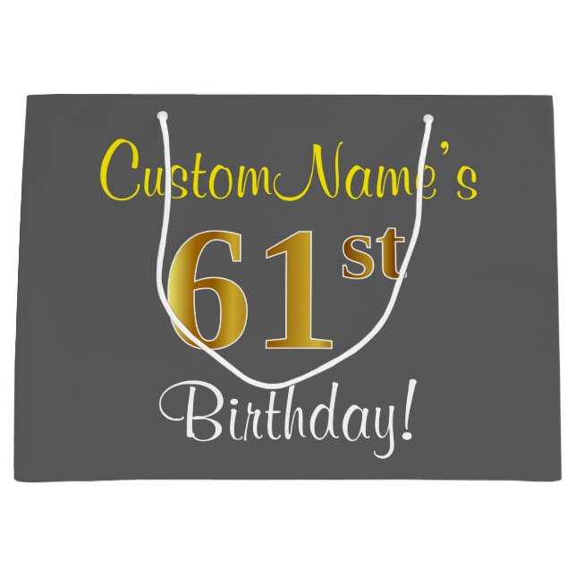 Elegant, Gray, Faux Gold 61st Birthday + Name Large Gift Bag (Front)