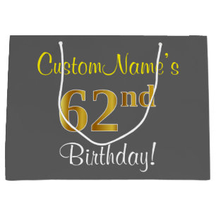 Elegant, Gray, Faux Gold 62nd Birthday + Name Large Gift Bag