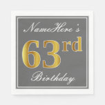 [ Thumbnail: Elegant Gray, Faux Gold 63rd Birthday; Custom Name Napkins ]