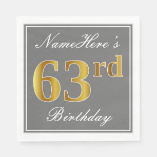 Elegant Gray, Faux Gold 63rd Birthday; Custom Name Napkins