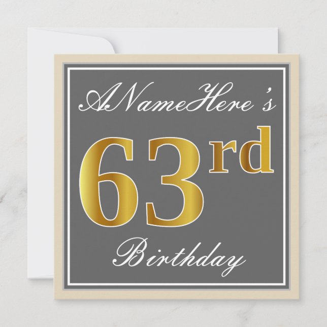 Elegant, Gray, Faux Gold 63rd Birthday + Name Invitation (Front)