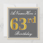 [ Thumbnail: Elegant, Gray, Faux Gold 63rd Birthday + Name Invitation ]