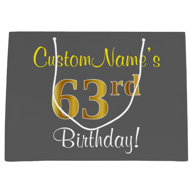 Elegant, Gray, Faux Gold 63rd Birthday + Name Large Gift Bag (Front)