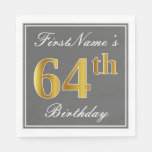 [ Thumbnail: Elegant Gray, Faux Gold 64th Birthday; Custom Name Napkins ]