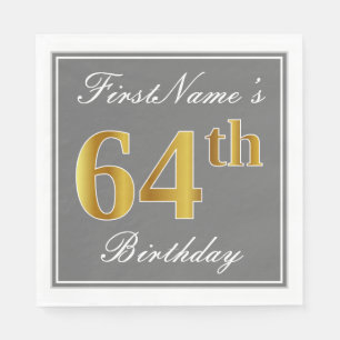Elegant Gray, Faux Gold 64th Birthday; Custom Name Napkins