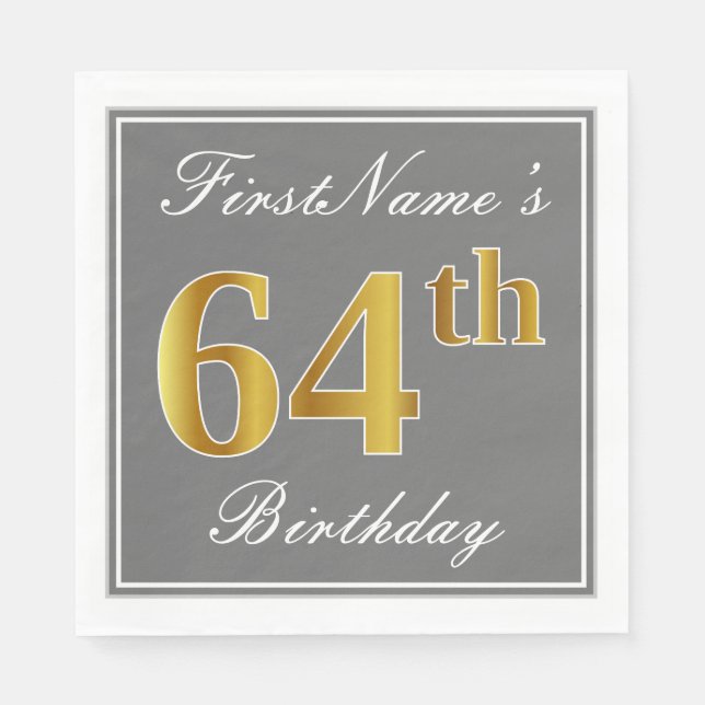 Elegant Gray, Faux Gold 64th Birthday; Custom Name Napkins (Front)