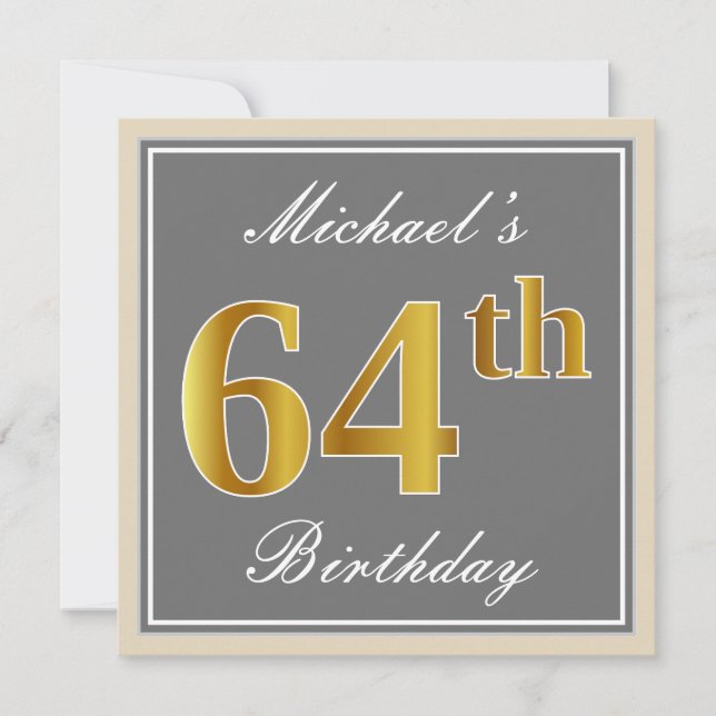Elegant, Gray, Faux Gold 64th Birthday + Name Invitation (Front)