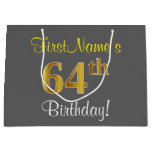 [ Thumbnail: Elegant, Gray, Faux Gold 64th Birthday + Name Gift Bag ]