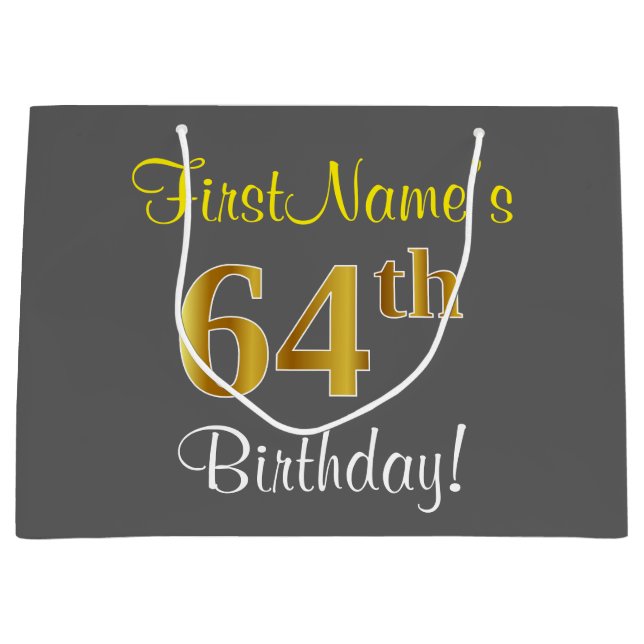 Elegant, Gray, Faux Gold 64th Birthday + Name Large Gift Bag (Front)