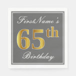 [ Thumbnail: Elegant Gray, Faux Gold 65th Birthday; Custom Name Napkins ]