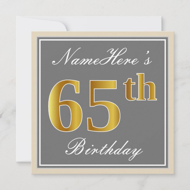 Elegant, Gray, Faux Gold 65th Birthday + Name Invitation (Front)