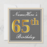 [ Thumbnail: Elegant, Gray, Faux Gold 65th Birthday + Name Invitation ]