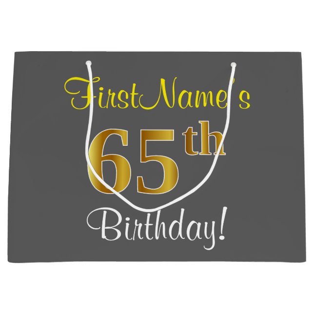 Elegant, Gray, Faux Gold 65th Birthday + Name Large Gift Bag (Front)