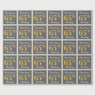 Elegant, Gray, Faux Gold 65th Birthday + Name Wrapping Paper