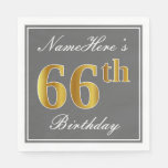 [ Thumbnail: Elegant Gray, Faux Gold 66th Birthday; Custom Name Napkins ]