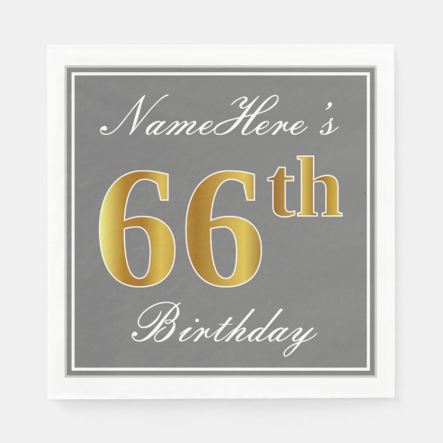 Elegant Gray, Faux Gold 66th Birthday; Custom Name Paper Napkins (Front)
