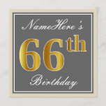 [ Thumbnail: Elegant, Gray, Faux Gold 66th Birthday + Name Invitation ]