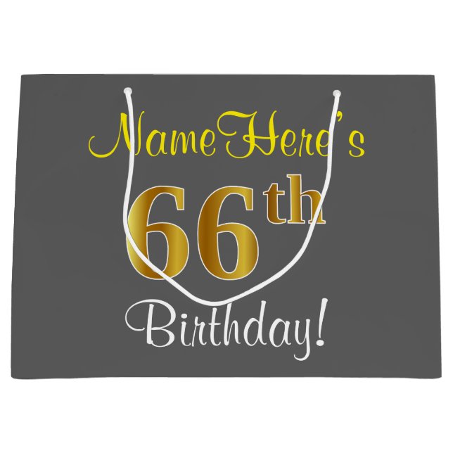 Elegant, Gray, Faux Gold 66th Birthday + Name Large Gift Bag (Front)