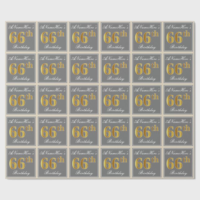 Elegant, Gray, Faux Gold 66th Birthday + Name Wrapping Paper (Flat)