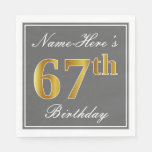 [ Thumbnail: Elegant Gray, Faux Gold 67th Birthday; Custom Name Napkins ]
