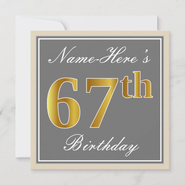 Elegant, Gray, Faux Gold 67th Birthday + Name Invitation (Front)