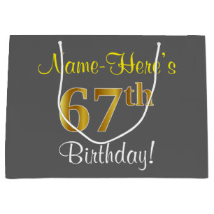 Elegant, Gray, Faux Gold 67th Birthday + Name Large Gift Bag