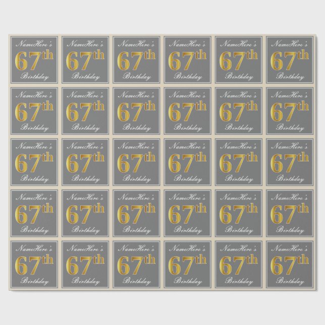 Elegant, Gray, Faux Gold 67th Birthday + Name Wrapping Paper (Flat)