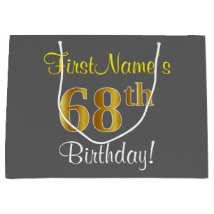 Elegant, Gray, Faux Gold 68th Birthday + Name Large Gift Bag