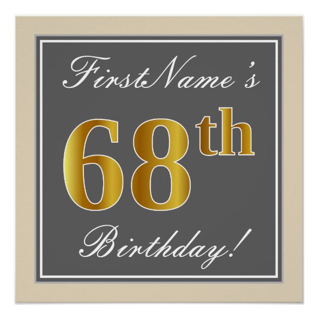 Elegant, Gray, Faux Gold 68th Birthday + Name Poster (Front)