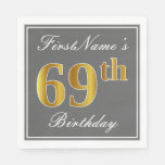 [ Thumbnail: Elegant Gray, Faux Gold 69th Birthday; Custom Name Napkins ]