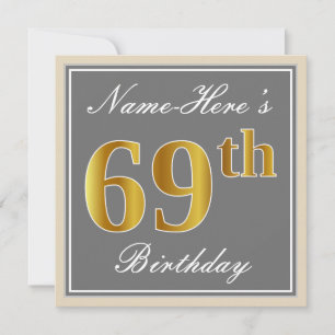 Elegant, Gray, Faux Gold 69th Birthday + Name Invitation