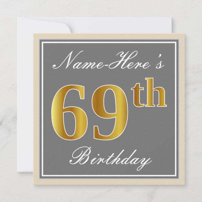 Elegant, Gray, Faux Gold 69th Birthday + Name Invitation (Front)
