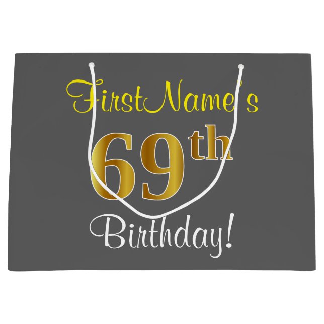 Elegant, Gray, Faux Gold 69th Birthday + Name Large Gift Bag (Front)