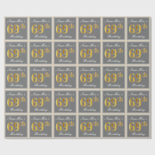 Elegant, Gray, Faux Gold 69th Birthday + Name Wrapping Paper (Flat)