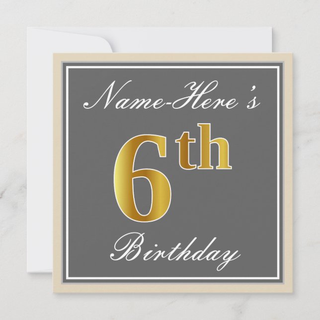 Elegant, Gray, Faux Gold 6th Birthday; Custom Name Invitation (Front)