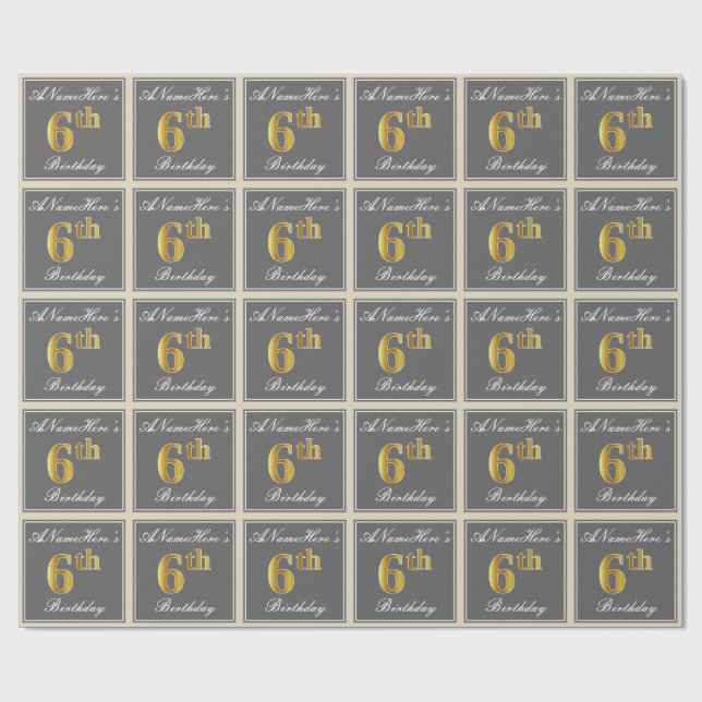 Elegant, Gray, Faux Gold 6th Birthday; Custom Name Wrapping Paper (Flat)
