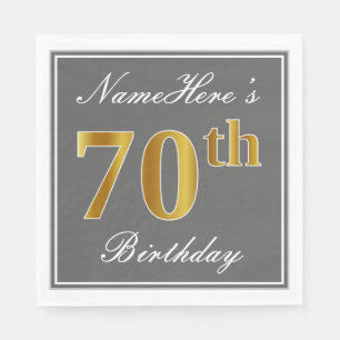 Elegant Gray, Faux Gold 70th Birthday; Custom Name Napkins
