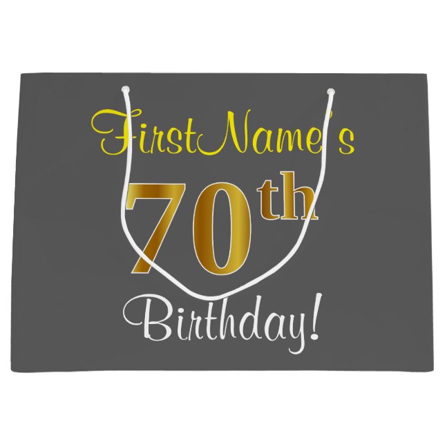 Elegant, Gray, Faux Gold 70th Birthday + Name Large Gift Bag (Front)