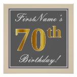 [ Thumbnail: Elegant, Gray, Faux Gold 70th Birthday + Name Poster ]