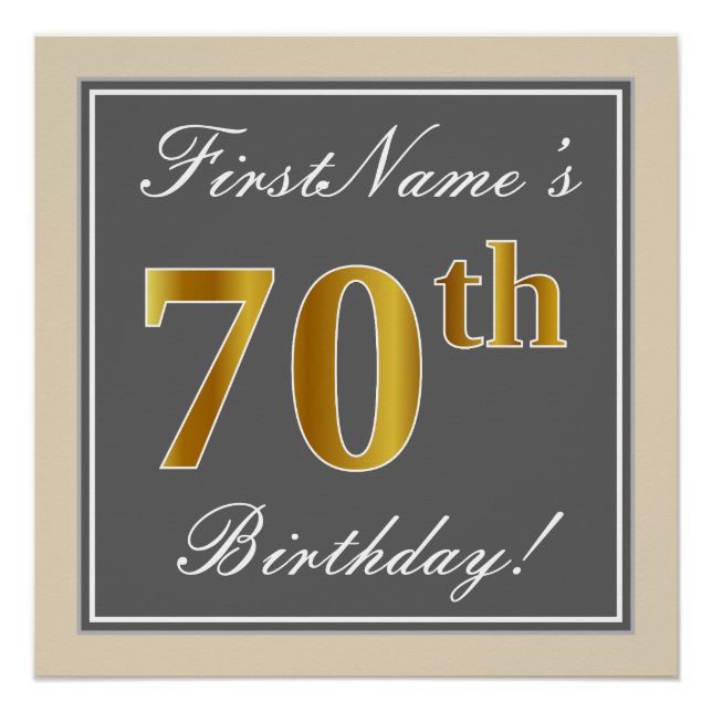 Elegant, Gray, Faux Gold 70th Birthday + Name Poster (Front)