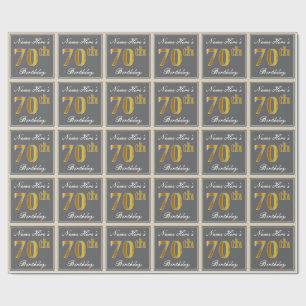 Elegant, Gray, Faux Gold 70th Birthday + Name Wrapping Paper