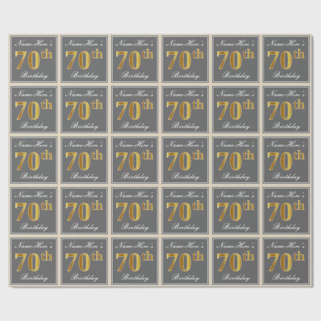 Elegant, Gray, Faux Gold 70th Birthday + Name Wrapping Paper (Flat)