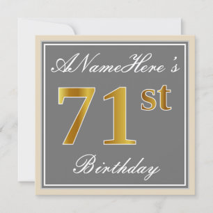 Elegant, Gray, Faux Gold 71st Birthday + Name Invitation